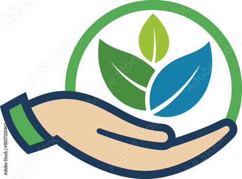 Eco hand holding leaf emblem vector.