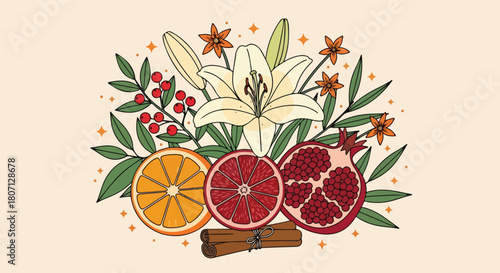 Vibrant floral arrangement featuring lilies oranges pomegranate and cinnamon sticks a colorful still life.