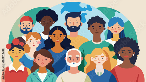 Global diversity crowd with mixed ethnicities, minimal flat design.