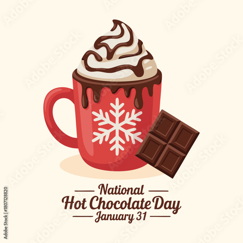 National Hot Chocolate Day vector. Red mug of hot chocolate with whipped cream vector. Cup of cocoa illustration. Winter beverage drawing. January 31.