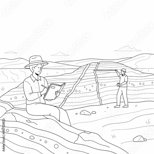 Two geologists or researchers studying rock formations and geological layers in an outdoor landscape, one taking notes and the other measuring.