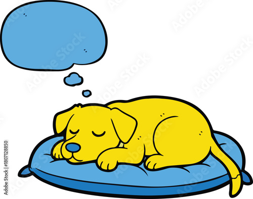 Sleeping yellow dog dreaming on a blue pillow with a thought bubble.