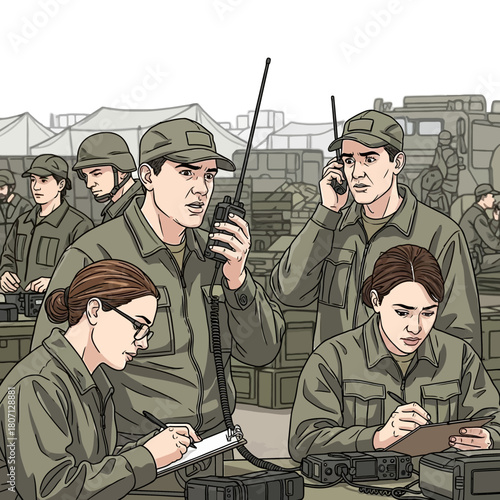 Military personnel in a field command center, communicating and managing operations.