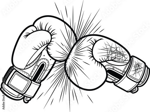 Flat vector illustration of boxing gloves impact, black silhouette sports icon, powerful punch symbol, competition, fight, energy burst