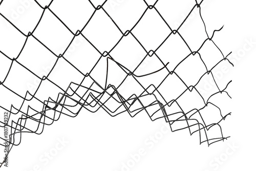 The texture of the metal mesh on a white background. Torn steel, metal mesh with holes
