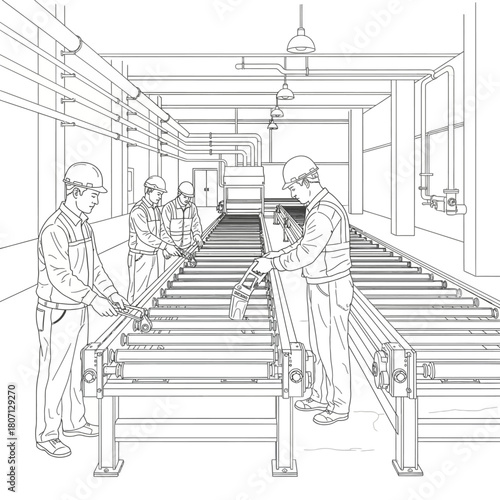 Line art illustration of four industrial workers in hard hats operating a long roller conveyor system inside a factory.