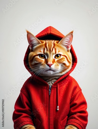 Orange Tabby Cat Wearing a Red Hoodie - Portrait