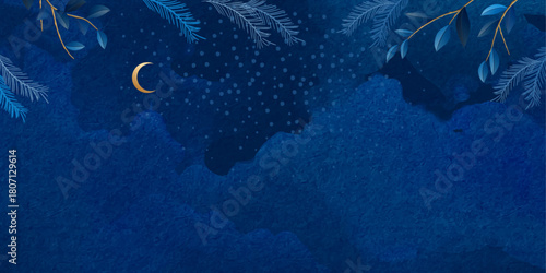 Abstract watercolor night background. Christmas and New Year painted banner. Moon, snow, stars on a dark blue watercolor background. Snowy winter landscape.