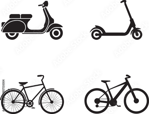 Scooter, electric scooter, city, mountain bike flat vector icons set.