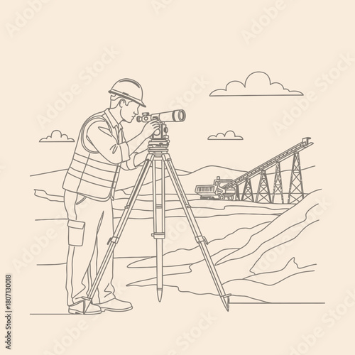 A surveyor in a hard hat and safety vest uses a total station on a tripod in a landscape with industrial structures.