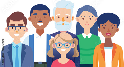 International coworkers group portrait, young and senior adults, flat.