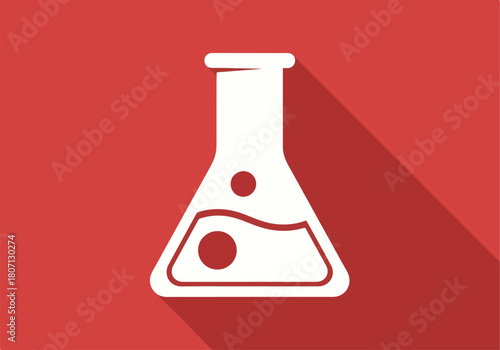 White laboratory flask with liquid and bubbles on red background.