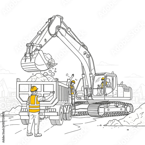 Construction site with an excavator loading a dump truck, supervised by workers in safety gear.