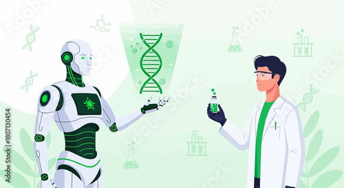 Future healthcare collaboration: Robot and scientist researching dna and genetics advancement