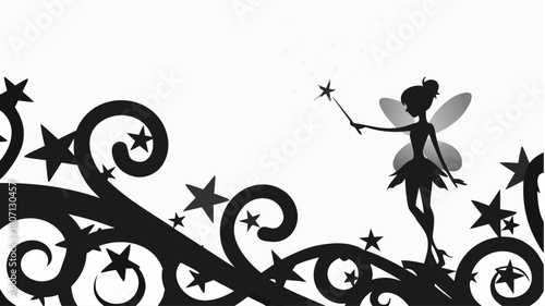 Enchanting fairy silhouette waving a magic wand amidst swirling stars and flourishes, perfect for whimsical designs and fairytale projects