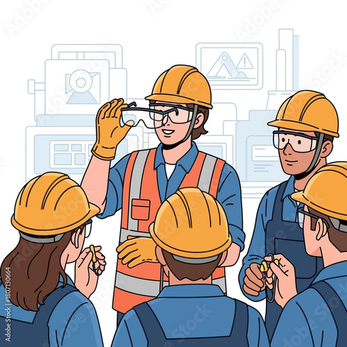 Factory workers attending a safety briefing with a supervisor.