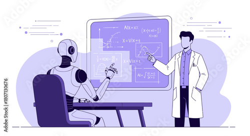 Future of education concept depicting a robotic student learning mathematics with a professor