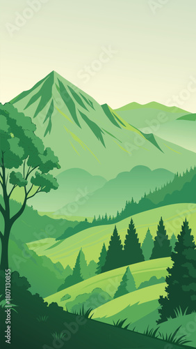 Green mountain landscape with lush forest and meadow