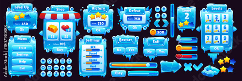 Game interface with ice crystal buttons, vector UI frame board asset. Cartoon frozen user interface with ice crystal buttons, icy panel, progress bar, menu, settings, shop and game level selectors