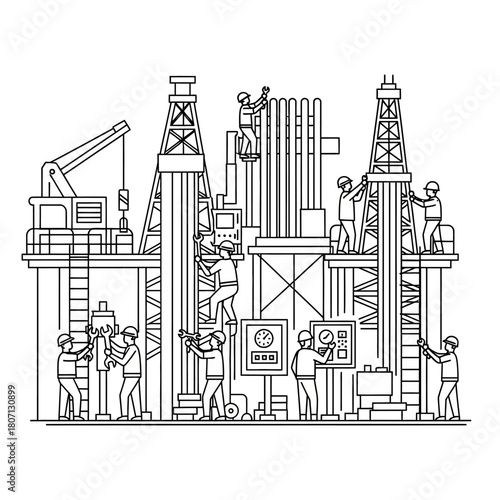 Detailed line art illustration of industrial workers operating machinery on an oil and gas drilling rig.