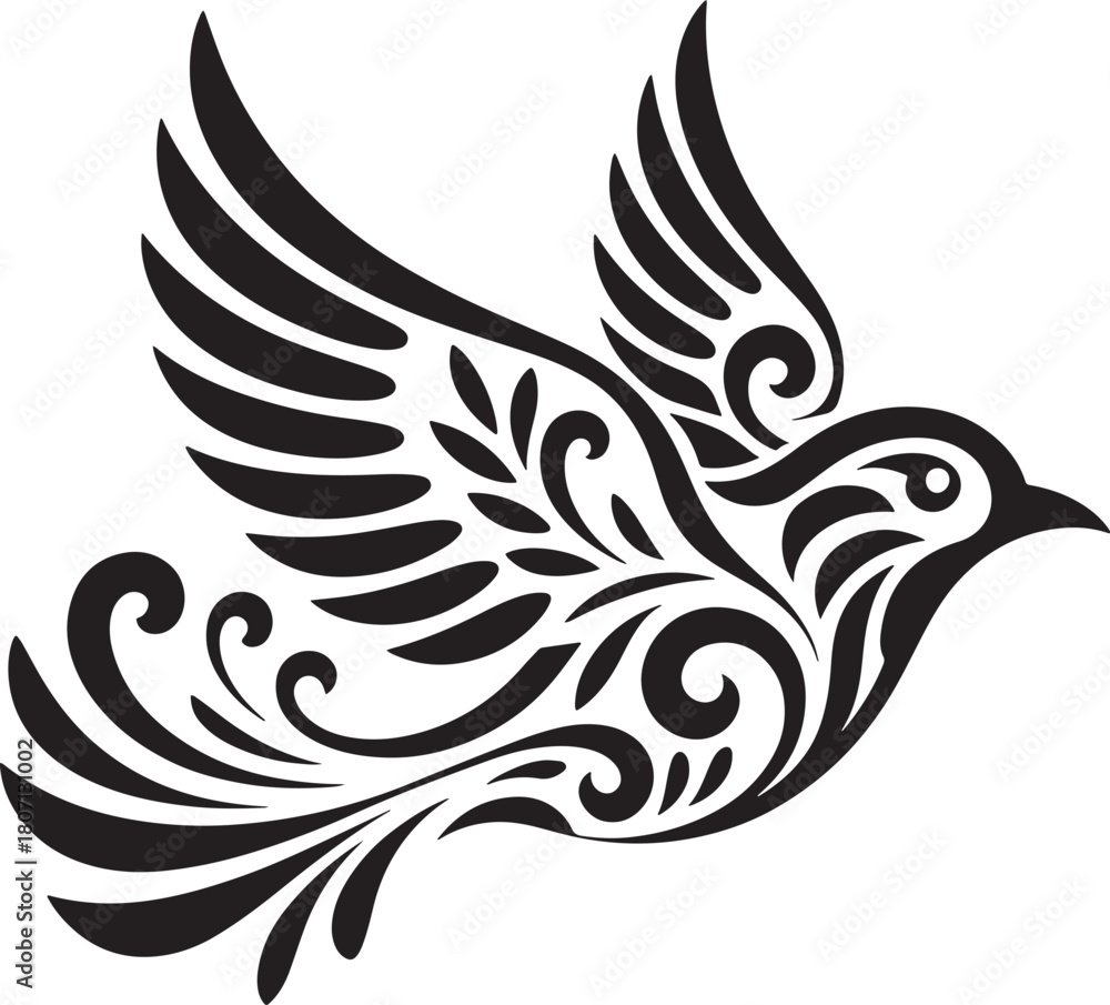 Fototapeta premium Stylized flying bird vector illustration, ornamental tribal design concept
