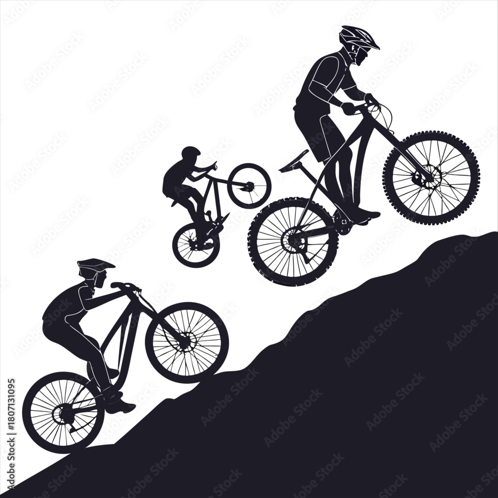 Fototapeta premium Mountain bike silhouette stock illustration Bundle, in silhouette, Mountain bike Lover vector graphic design, Mountains bike vector, Mountain bike