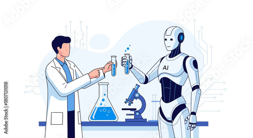 Future synergy collaboration scientist human and artificial intelligence robot working chemistry
