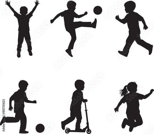 Kids Playing Sports Games Activities Silhouette Vector Set