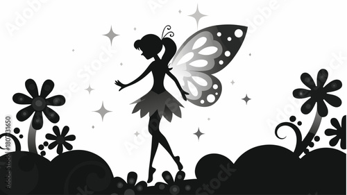Whimsical fairy silhouette with sparkling wings among flowers, perfect for magical designs, enchanting events, fantasy illustrations, and children's projects