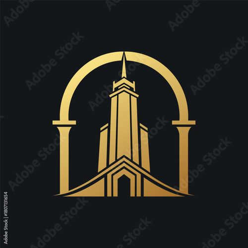 Elegant Golden Abstract Architectural Structure Emblem with Arch and Columns Design