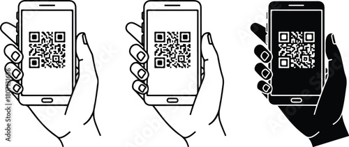 Smartphone displaying QR code held in hand black and white outline.