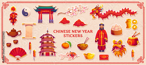 Chinese lunar new year characters stickers pack of pagoda, fireworks, cherry blossom, koi fish, lucky envelope and traditional clothing, dumpling, dragon mask and red fan. Vector CNY festive patches