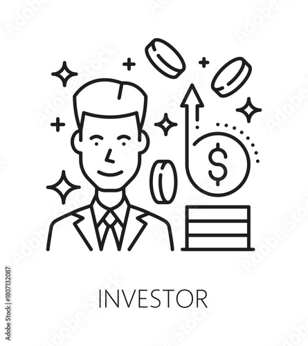Investment investor, finance line icon or pictogram. Business investment company line vector symbol, capital investor outline pictogram. Investor fund icon with investor man character, coins stack