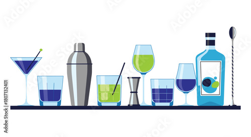 Stylish assortment of cocktail-making equipment and glassware arranged on a bar shelf, ready for mixing drinks at a party.