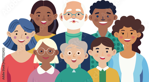 People of various skin tones and ages posing together, vector icon.