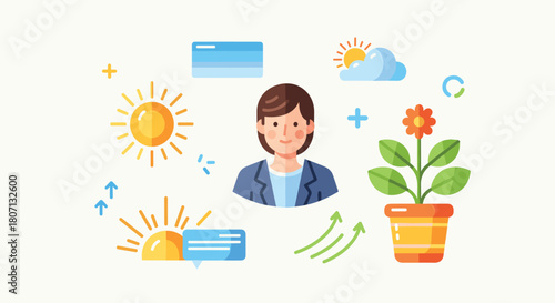 Positive growth and well-being concept illustration featuring a person's avatar surrounded by symbols of sunshine, growth, and nature.