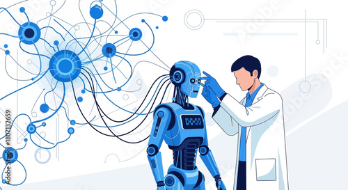 Futuristic collaboration: human scientist interacting with a sophisticated robot design