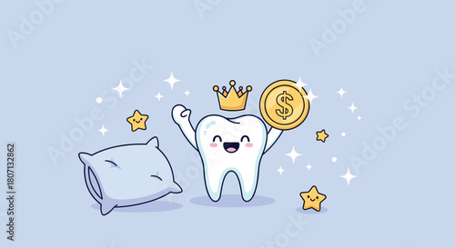 Cheerful tooth fairy character with a crown proudly holds a shiny dollar coin next to a pillow, surrounded by sparkling stars.