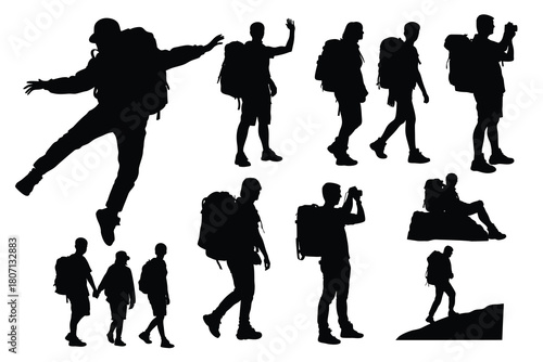 Set of Hiker and Backpacker Silhouettes including Trekking, Camping, and Outdoor Adventure Figures 