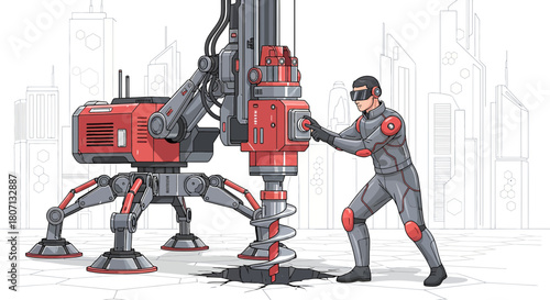 Futuristic construction: an operator controlling a drilling machine in a metropolis landscape