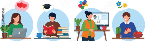 People working and studying with different thoughts and ideas.