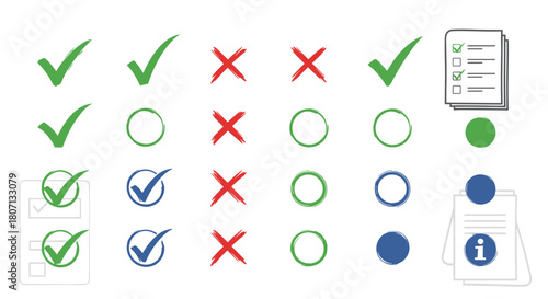 Large set of hand-drawn check marks and crosses in green and red, perfect for illustrating lists, surveys, and voting results.