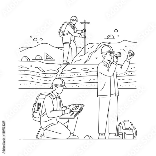 Line art illustration of geologists or surveyors working in a field, examining rock formations and using measurement tools.