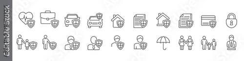 Property insurance and protection line icon set – editable outline symbols of health, car, home, family, document, credit card, shield and security