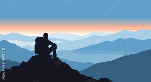 Solitary hiker with a backpack sits silhouetted atop a mountain peak, peacefully contemplating the vast, layered blue mountain vista at dusk.