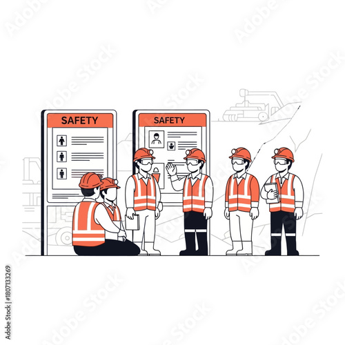 Industrial workers in safety vests and hard hats attending a safety briefing at a worksite, depicted in a flat vector illustration.