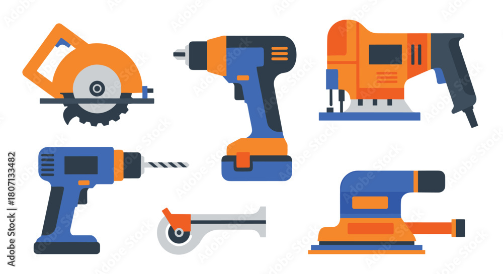 Fototapeta premium Collection of various electric power tools for construction and DIY projects, including a drill, circular saw, and sander.