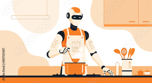 Futuristic cooking concept featuring a robot chef preparing a meal in a modern kitchen setting