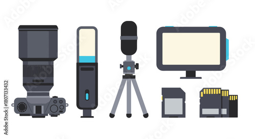 Essential equipment set for vlogging and digital content creation, featuring a camera, microphone on a tripod, portable light, and memory cards.