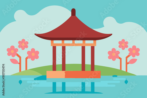 Curved Wooden Gazebo Beside Koi Pond